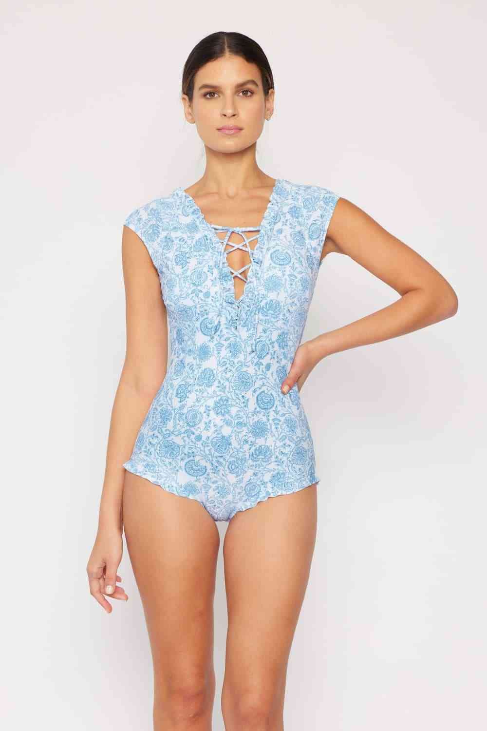 V-Neck One Piece Swimsuit In Thistle Blue