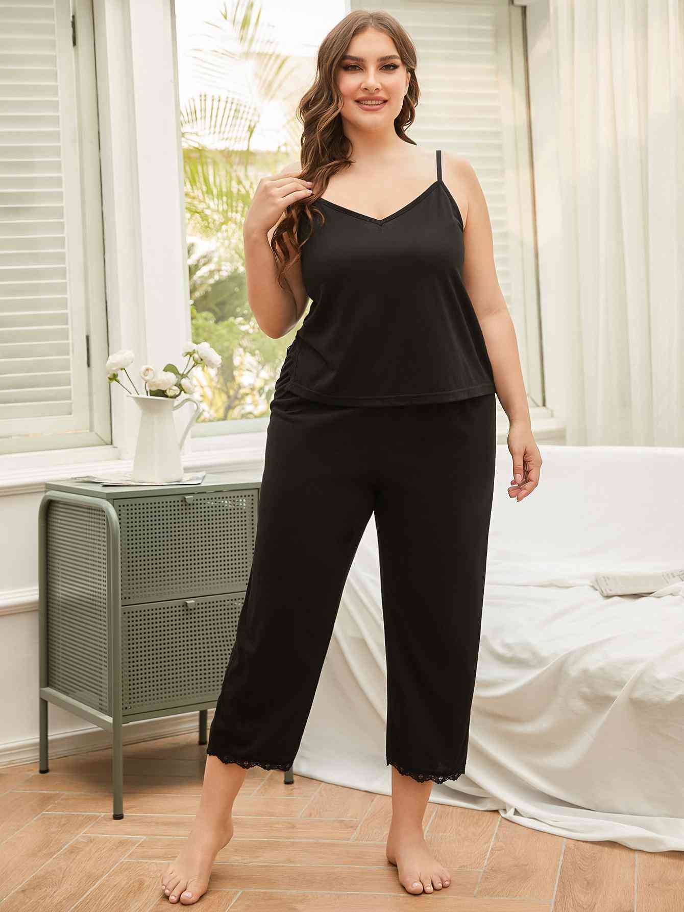 Plus Size Lace Trim Slit Cami and Pants Pajama Set