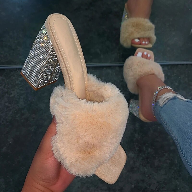 Open Toe Fluffy Fur Chunky Rhinestone High Heel Slippers