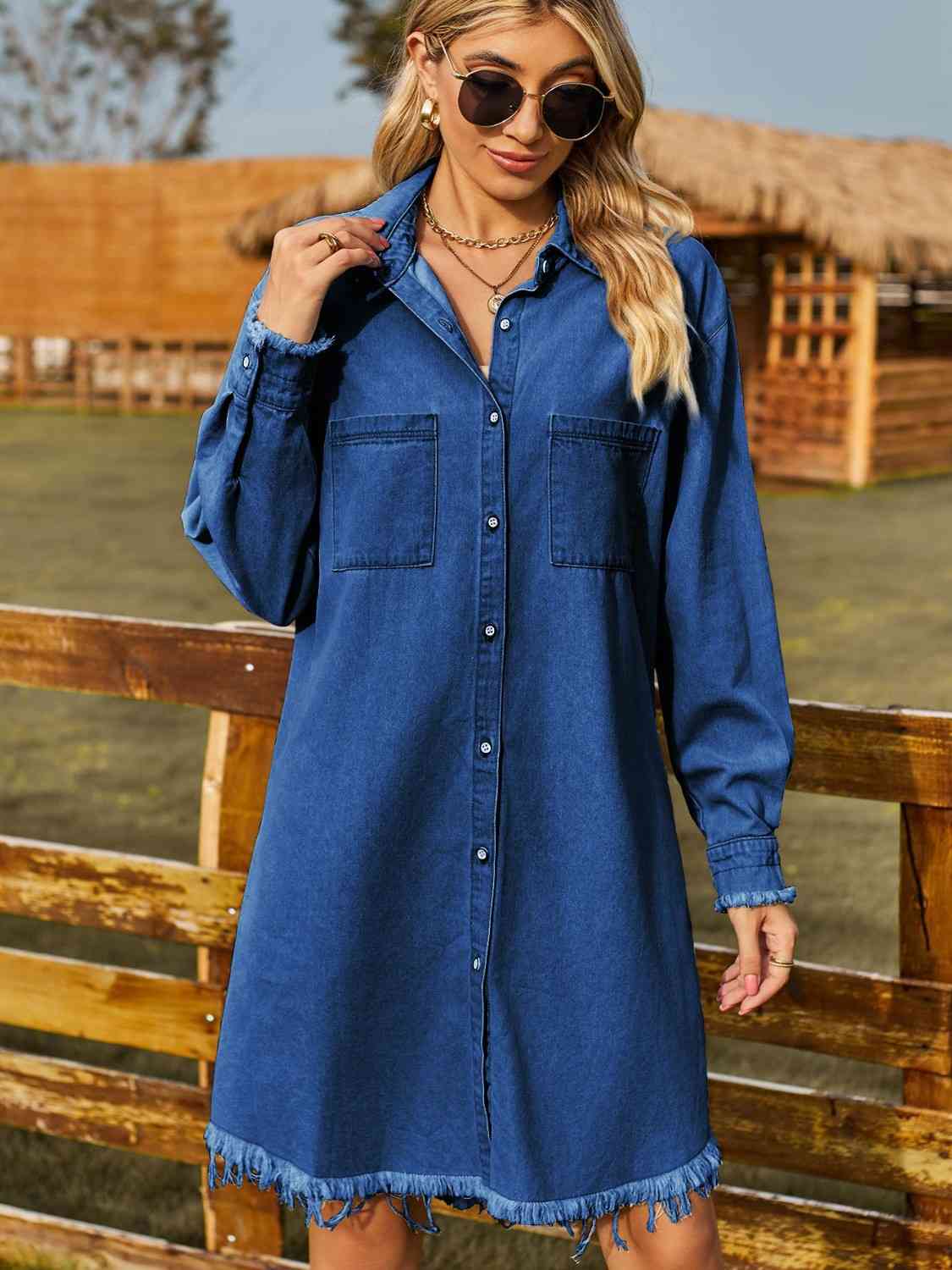 Collared Neck Raw Hem Denim Dress