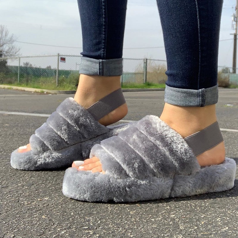 Cute Plush Fluffy Faux Fur Elastic Strap Cotton Slippers