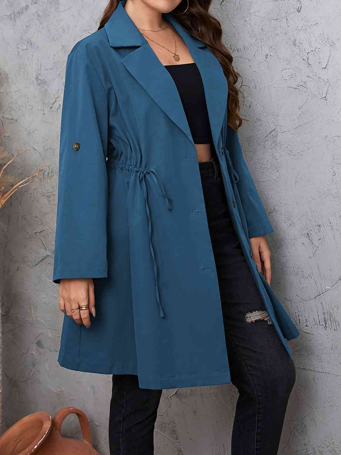 Plus Size Lapel Collar Drawstring Roll-Tab Sleeve Trench Coat