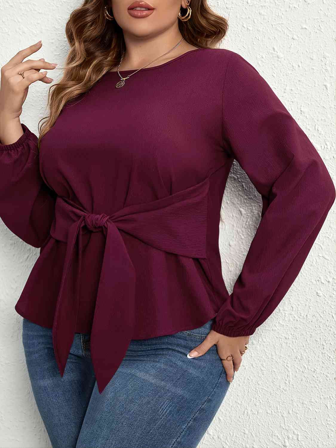 Plus Size Tie Front Long Sleeve Blouse