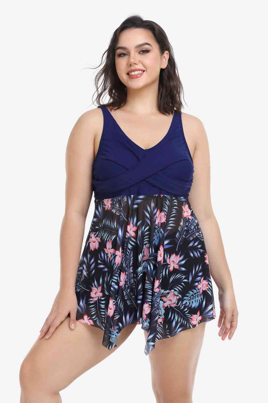 Plus Size Floral Two-Tone Two-Piece Swimsuit