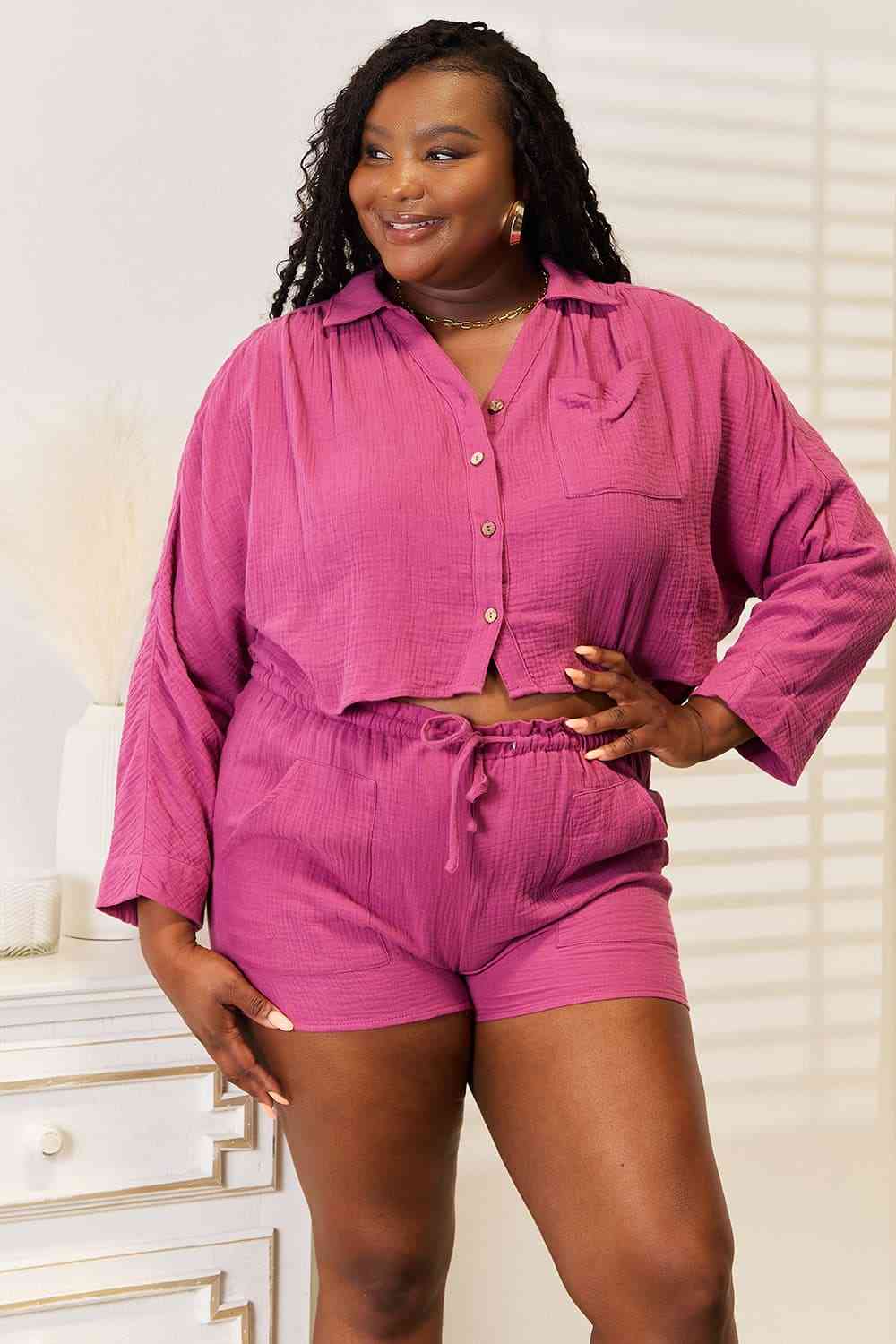 Buttoned Long Sleeve Top and Shorts Set