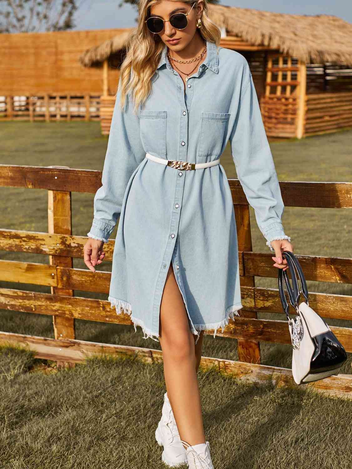 Collared Neck Raw Hem Denim Dress