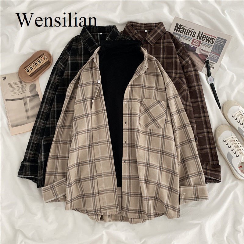 Plaid Oversize Blouse Flannel Long Sleeve Collared Shirt